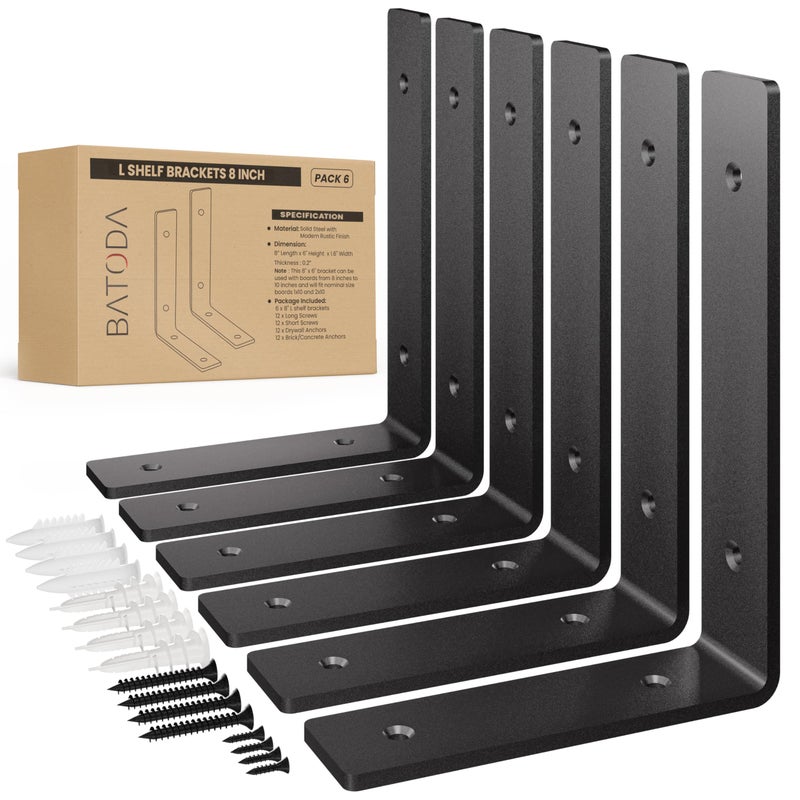 BATODA Pack 6 - 8''L Heavy Duty Shelf Brackets - L Shelf Brackets Black - Hook Brackets for Floating Shelves - Wall Mounted Support for DIY Open Shelving â€“ Shelving Mounting Hardware Included - Image 1